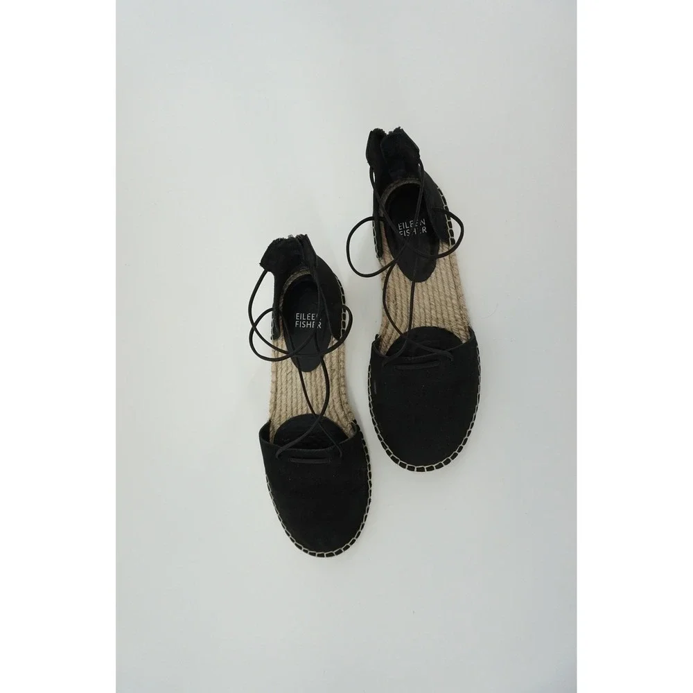 Eileen Fisher Lace Leather Espadrille Flats Minimalist Suede Ankle Tie Black 8.5